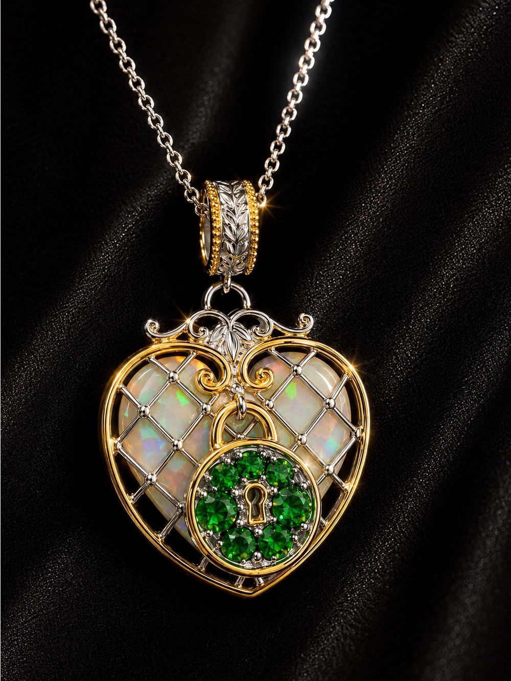 Gold & Opal Heart Locket Necklace with Green Gem Padlock .925 Silver